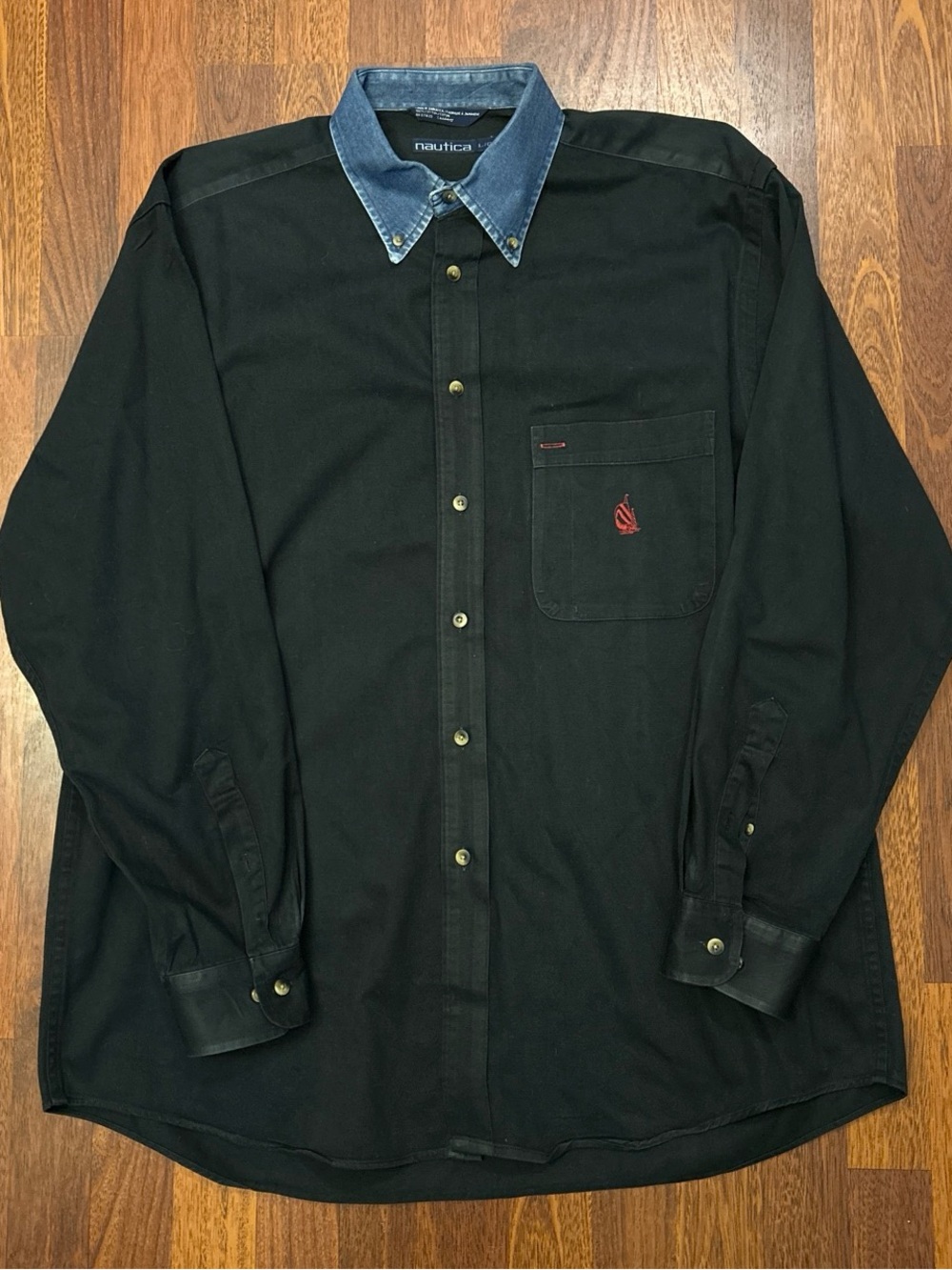 Nautica Vintage 90s Black Button Up Brushpopper Chore Shirt Denim Collar Large
